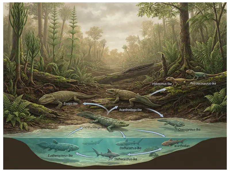 Carboniferous vertebrate evolution from fishes to amphibians and early amniotes