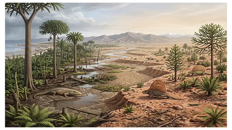 Carboniferous to Permian transition showing drying landscapes, changing forests, and environmental shifts