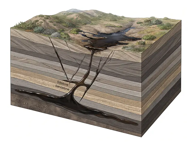 Geological diagram showing petroleum migrating through underground rock layers and forming natural asphalt seeps.