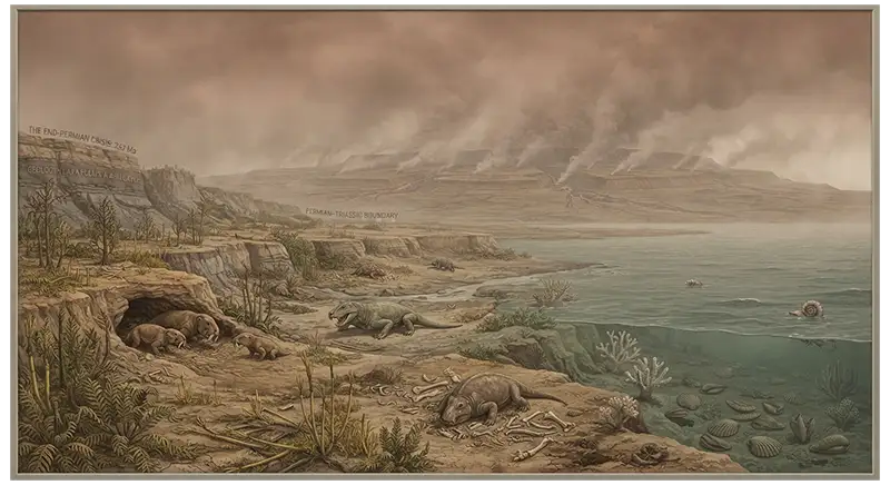 End-Permian extinction scene showing Permian animals, environmental disruption, and Siberian Traps volcanism