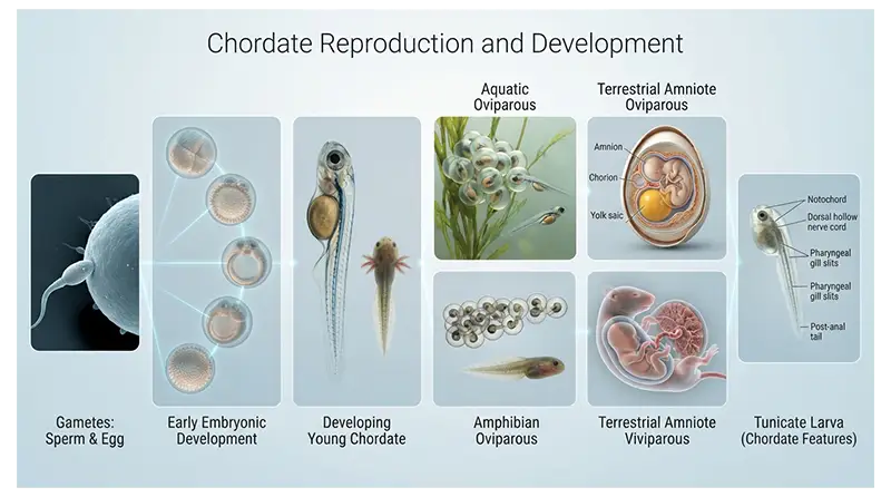 Chordate reproduction and development showing embryos, fish and amphibian development, eggs, mammals, and tunicate larvae