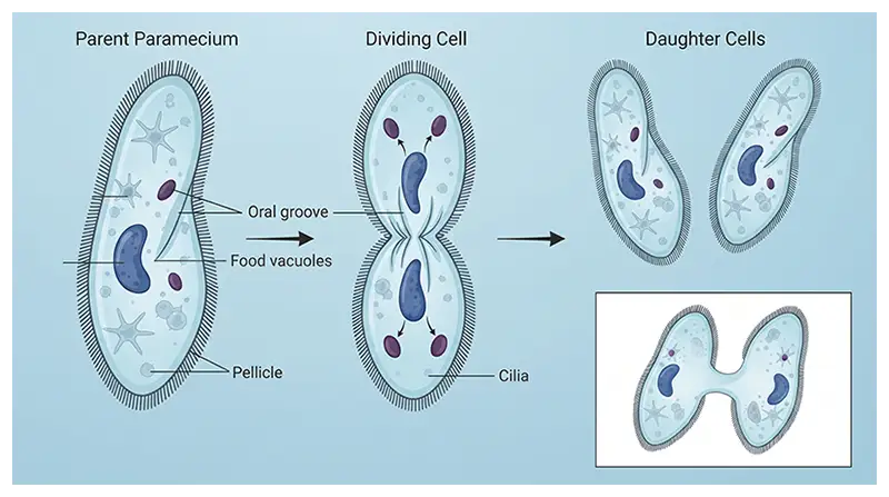 Illustration of Paramecium binary fission and conjugation.