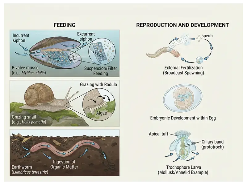 Biology infographic illustrating filter feeding in mussels, grazing by snails, earthworm feeding, fertilization, and larval development
