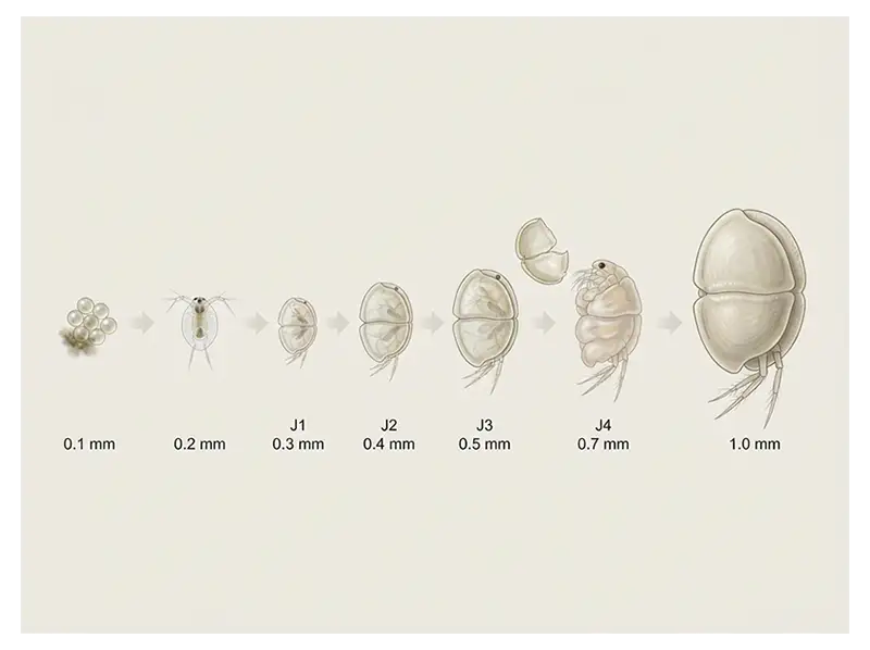 Ostracod life cycle showing eggs, juvenile stages, molting, and adulthood.