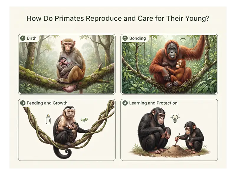 Infographic illustrating primate birth, mother-infant bonding, nursing, and parental care as young primates grow and learn.