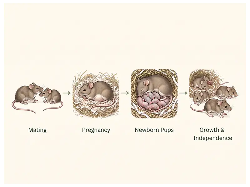 Infographic showing mouse development from newborn pups to growing young mice and eventual independence.