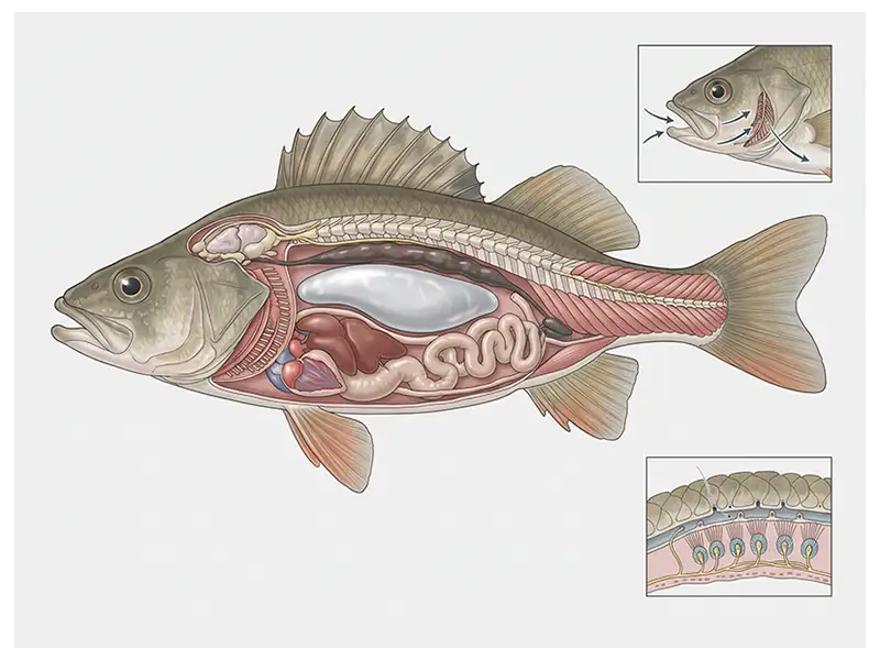 Anatomical illustration of a teleost fish showing its gills, heart, digestive organs, swim bladder, brain, and lateral line.