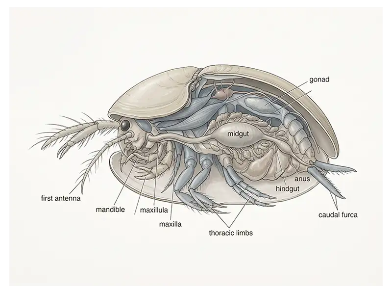 Ostracod anatomical illustration showing the carapace, body, antennae, and appendages.