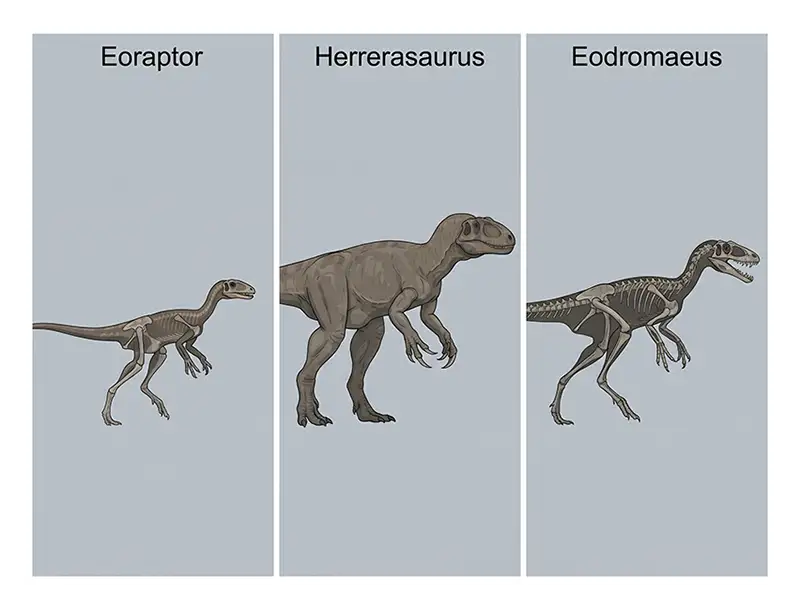 Comparison of Eoraptor, Herrerasaurus, and Eodromaeus showing differences in body size, skull shape, teeth, and anatomy.