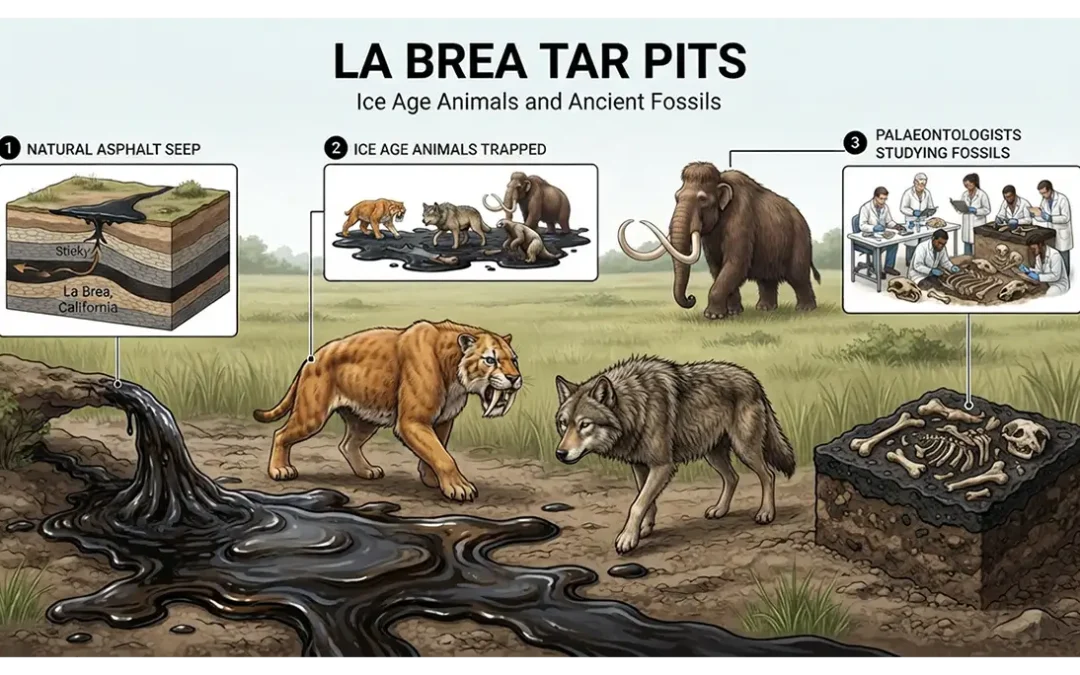 Infographic showing the La Brea Tar Pits, Ice Age animals, natural asphalt, and ancient fossils.