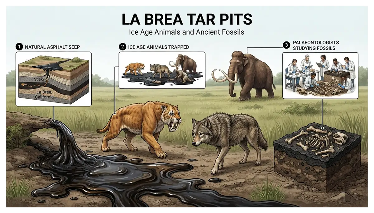 Infographic showing the La Brea Tar Pits, Ice Age animals, natural asphalt, and ancient fossils.