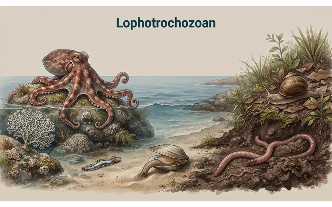 Illustration of lophotrochozoan animals, including an octopus, snail, earthworm, clam, flatworm, and bryozoan colony.