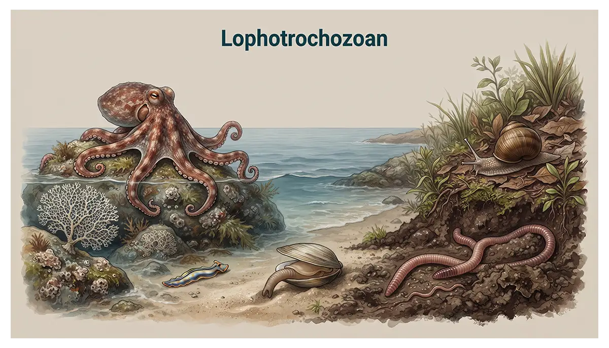 Illustration of lophotrochozoan animals, including an octopus, snail, earthworm, clam, flatworm, and bryozoan colony.