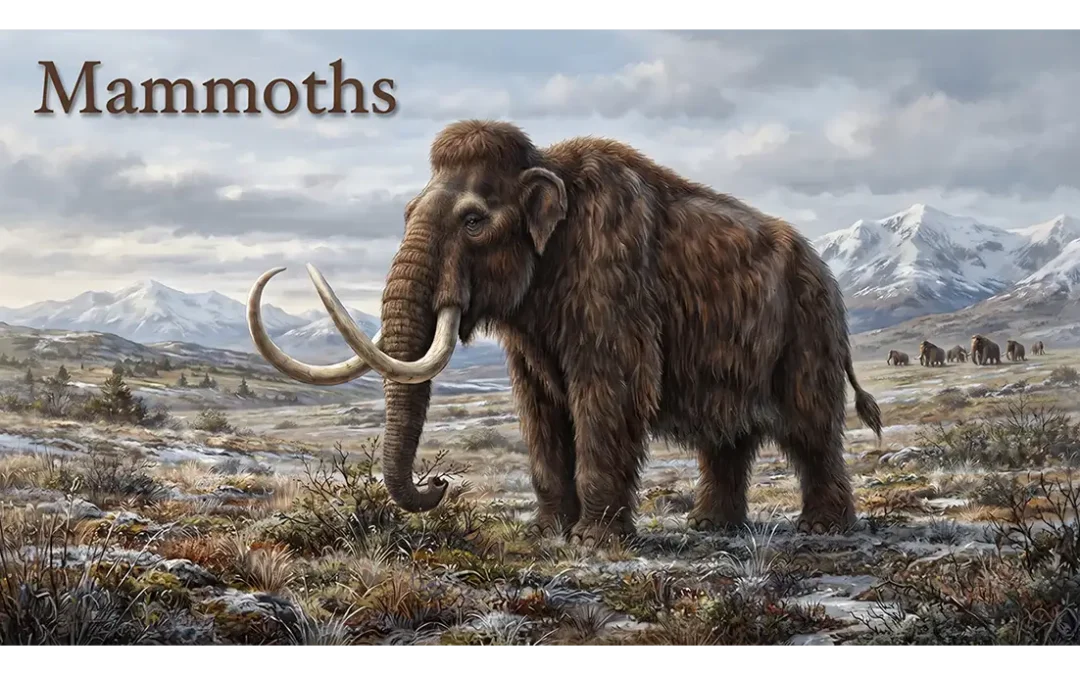 Illustration of a woolly mammoth in an Ice Age landscape, showing its thick fur, long curved tusks, and massive body.