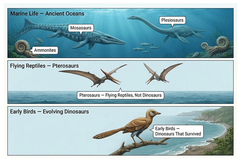 Cretaceous marine reptiles, ammonites, and flying pterosaurs