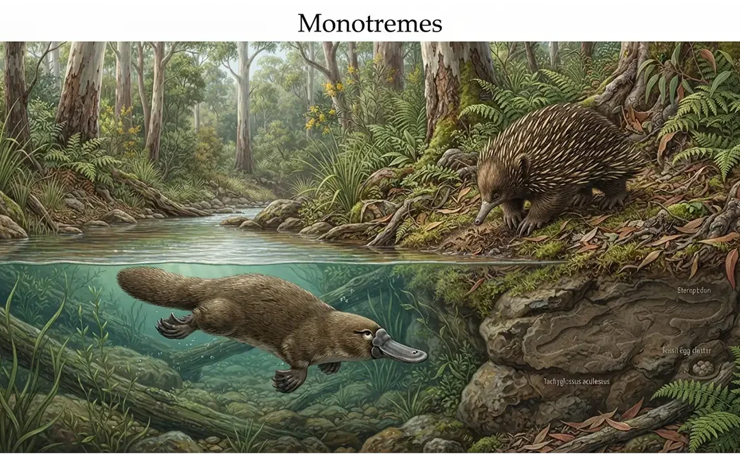 Platypus and echidna representing the two main living groups of monotremes