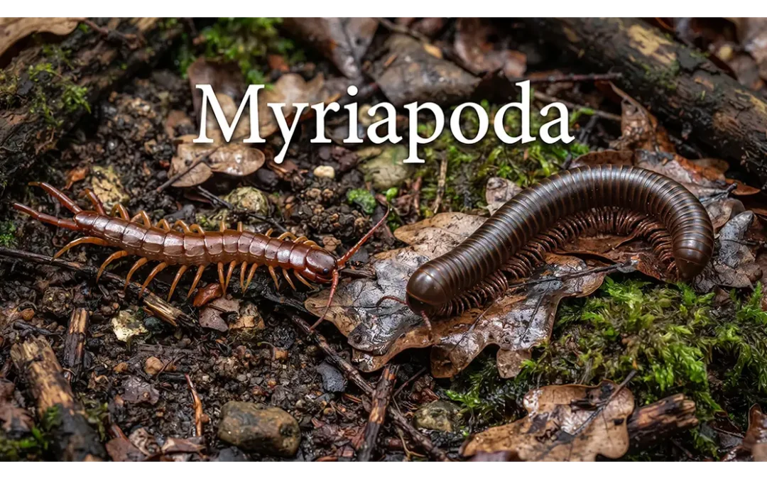 Myriapoda featuring a centipede and millipede on a damp forest floor.