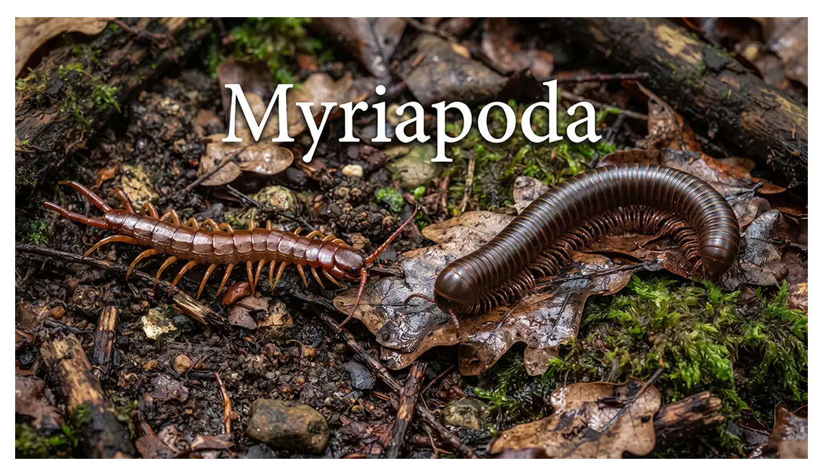 Myriapoda featuring a centipede and millipede on a damp forest floor.