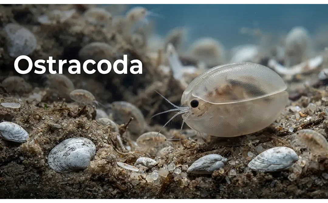 Ostracoda showing tiny crustaceans with two-valved shells and fossil valves.