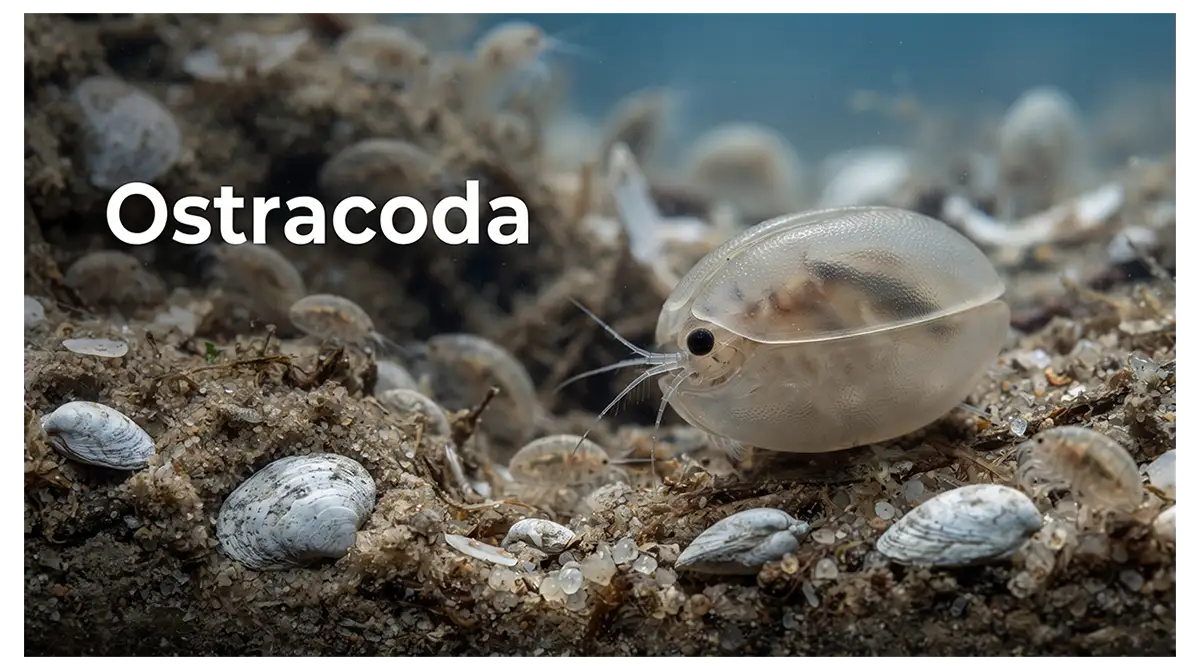 Ostracoda showing tiny crustaceans with two-valved shells and fossil valves.