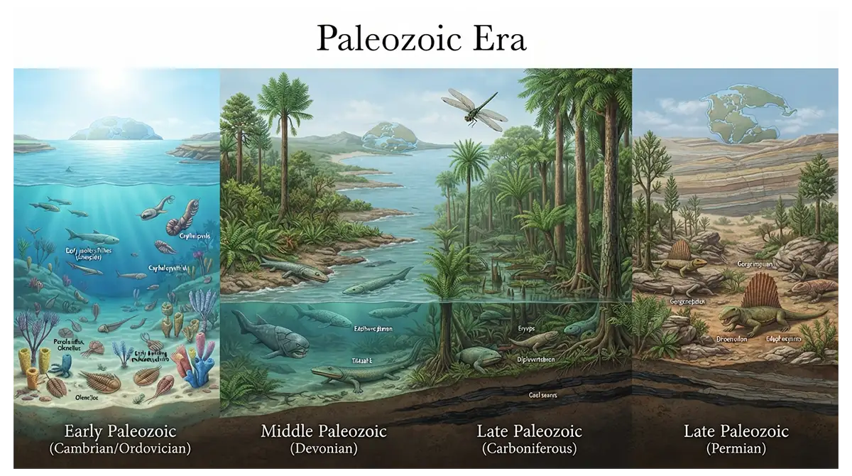 Paleozoic Era showing ancient marine life, early forests, amphibians, reptiles, and changing ecosystems