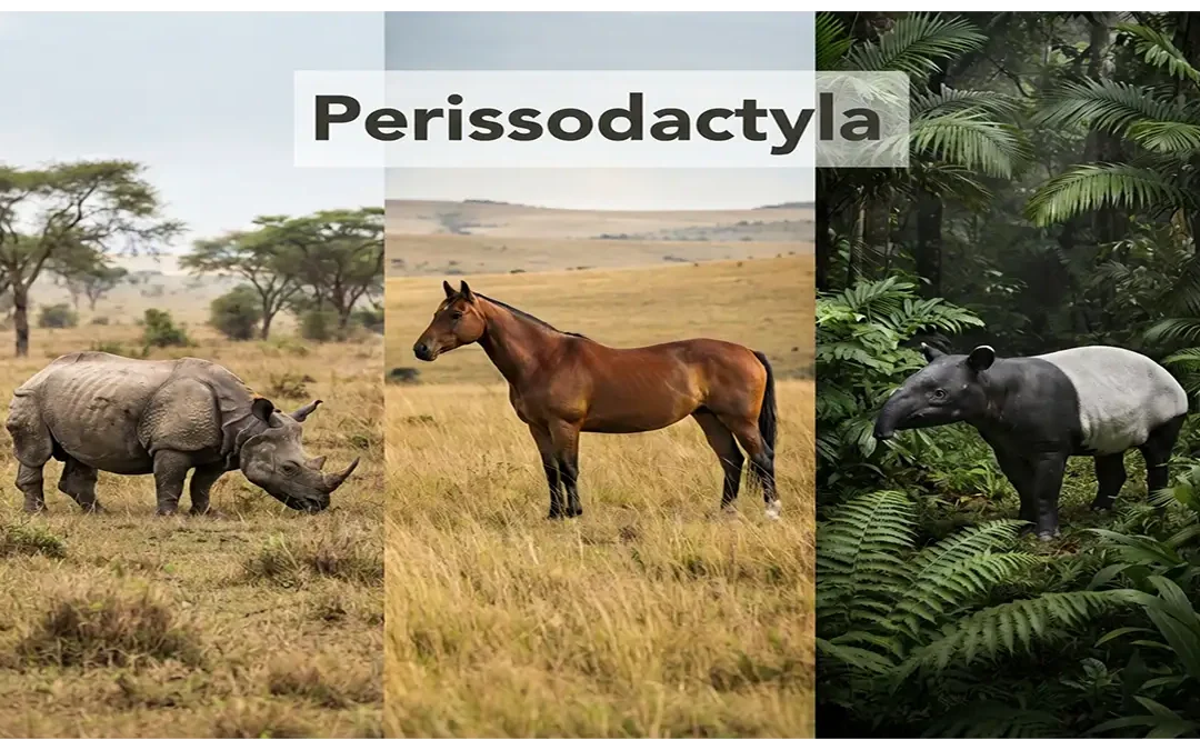 Horse, rhinoceros, and tapir representing the living odd-toed ungulates of Perissodactyla.