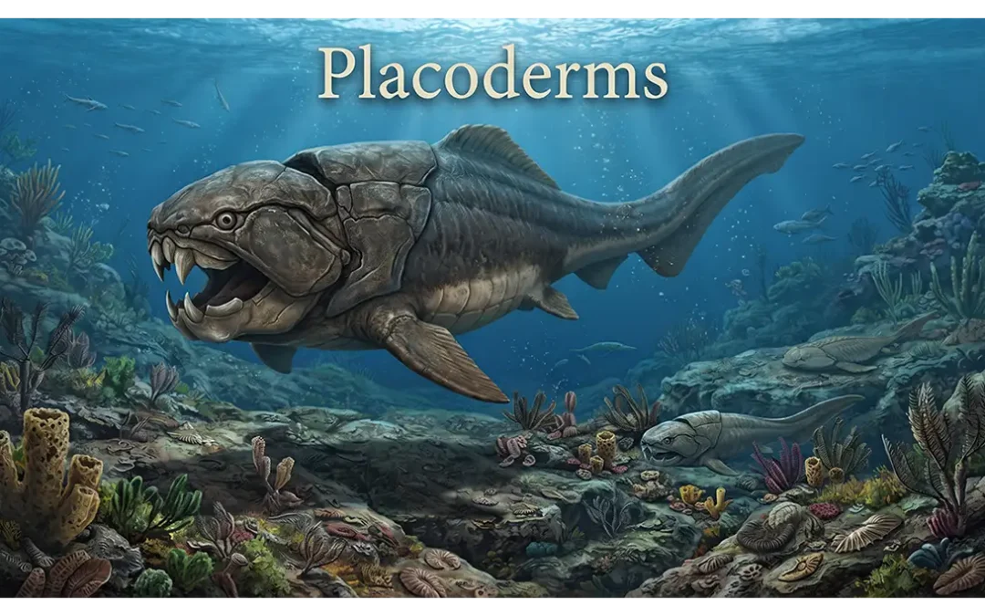 Illustration of Devonian placoderms, including an armored Dunkleosteus and smaller prehistoric fish in an ancient aquatic environment.