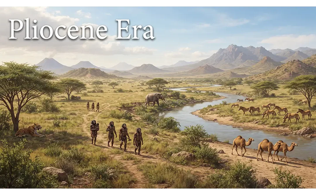 Pliocene Era showing prehistoric mammals, grasslands, and early hominins in an ancient landscape.