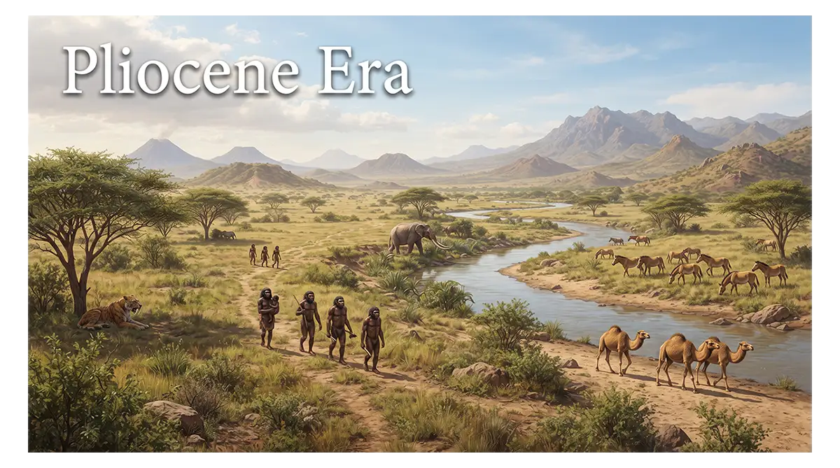 Pliocene Era showing prehistoric mammals, grasslands, and early hominins in an ancient landscape.