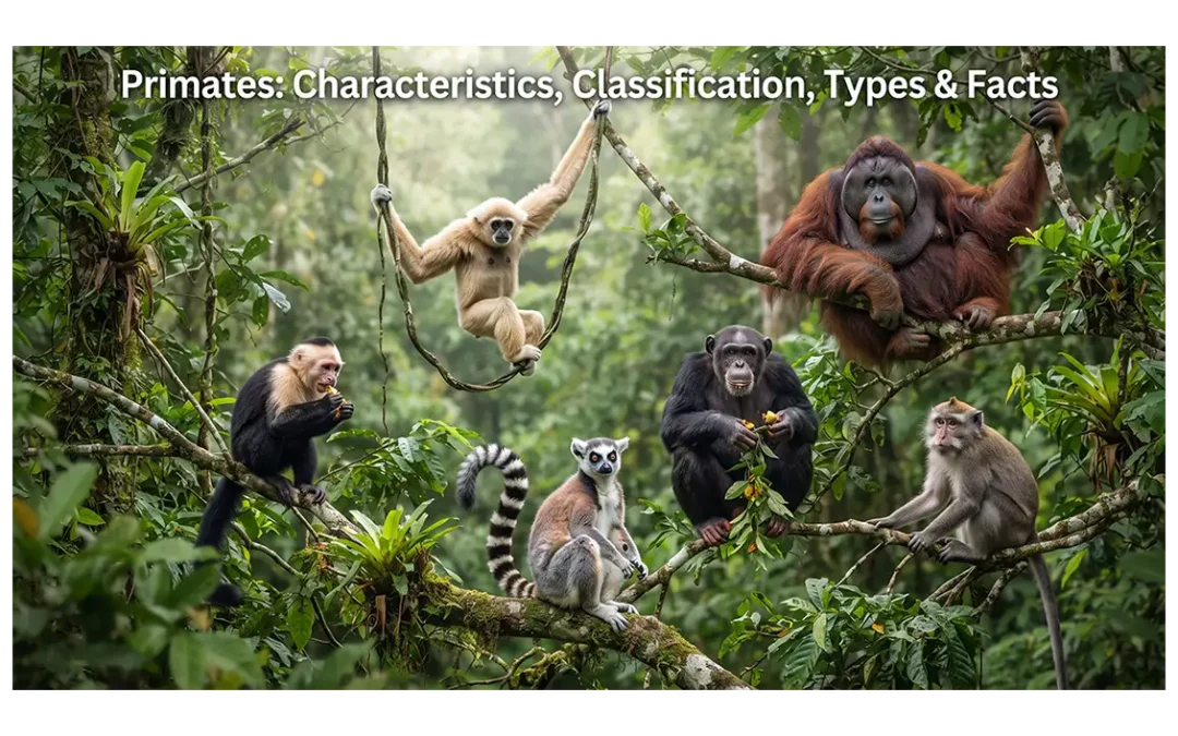 Diverse primates, including lemurs, monkeys, orangutans, gibbons, and chimpanzees, in their natural habitats.