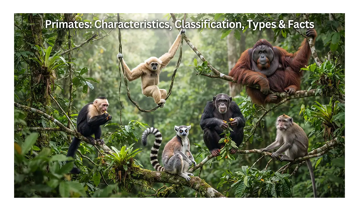 Diverse primates, including lemurs, monkeys, orangutans, gibbons, and chimpanzees, in their natural habitats.
