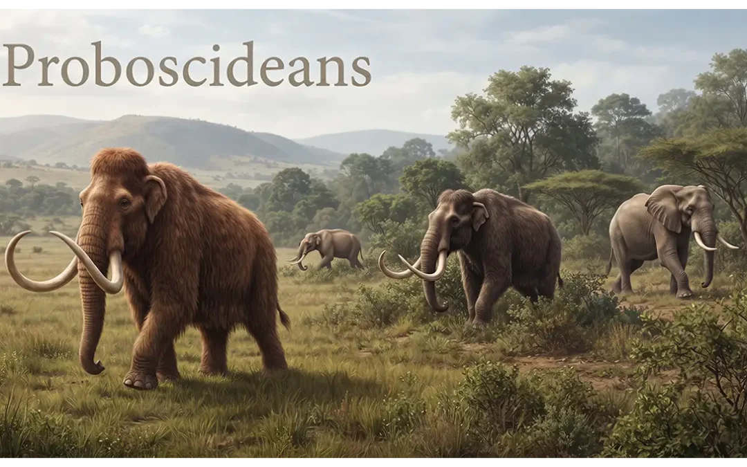 Proboscidean diversity illustrated by a woolly mammoth, American mastodon, gomphothere, and modern African elephant.