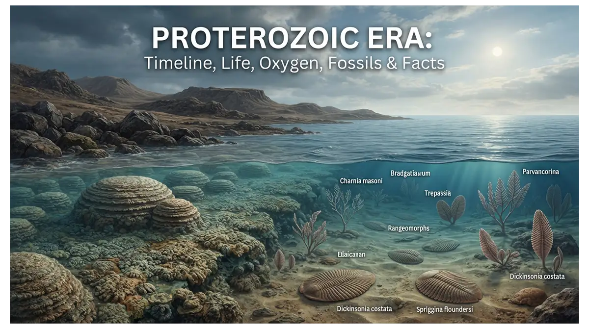 Proterozoic Eon showing stromatolites, microbial life, and Ediacaran organisms in ancient marine environments.