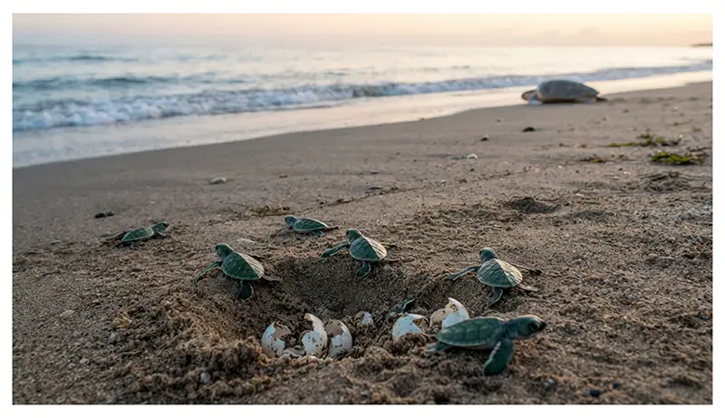 Sea turtle hatchlings emerging from a sandy nest and moving toward the ocean.
