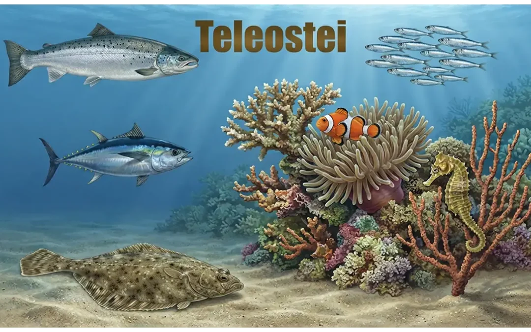 Illustration of teleost fishes, including salmon, tuna, clownfish, seahorse, flatfish, and sardines in diverse underwater habitats.
