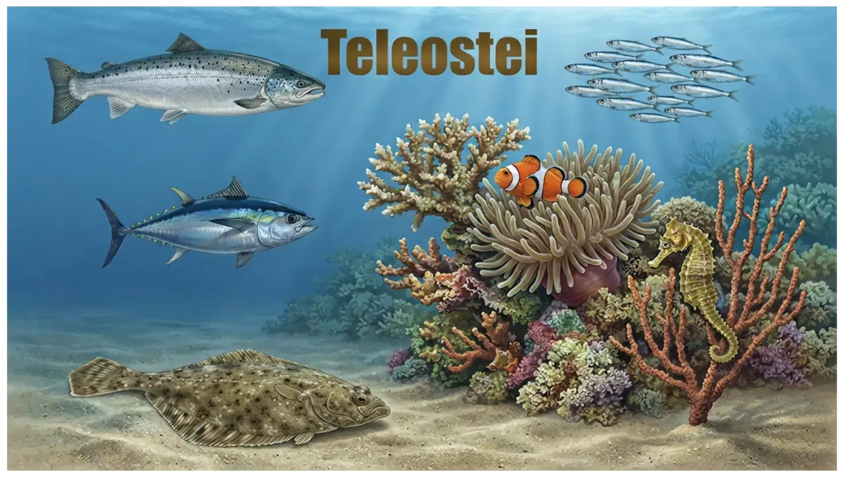 Illustration of teleost fishes, including salmon, tuna, clownfish, seahorse, flatfish, and sardines in diverse underwater habitats.