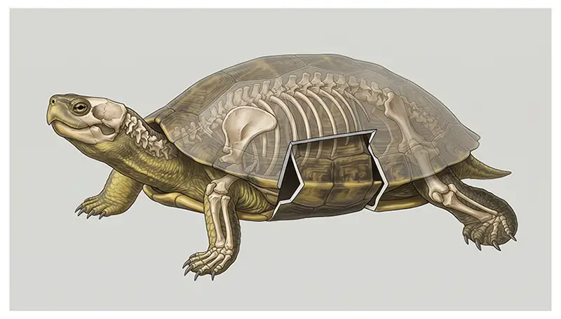 A turtle skeleton showing the shell, ribs, vertebrae, and limb bones.