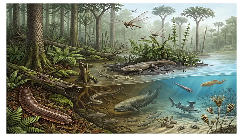 Carboniferous animals including amphibians, reptiles, fishes, insects, and giant arthropods