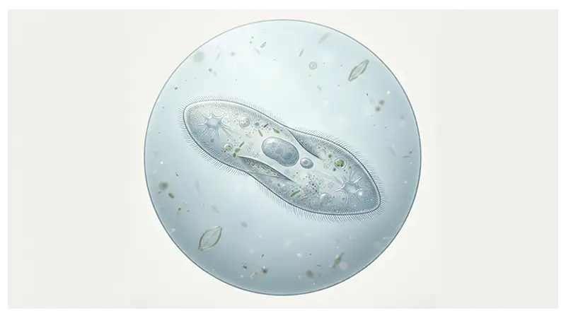 Microscopic Paramecium illustrating a single-celled ciliate with surface cilia.