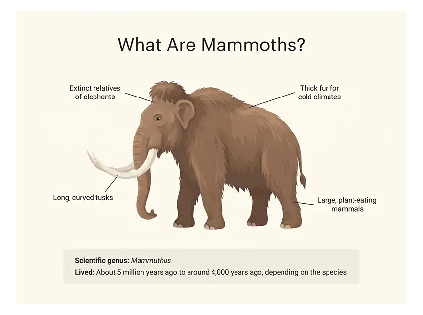 Full-body illustration of a woolly mammoth showing its shaggy fur, curved tusks, trunk, and large body.