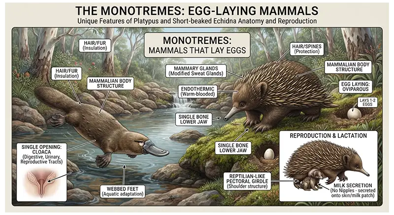 Platypus and echidna showing the basic characteristics of egg-laying mammals