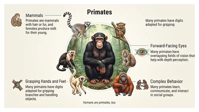Infographic explaining what primates are, with examples of lemurs, tarsiers, monkeys, and apes and their key characteristics.