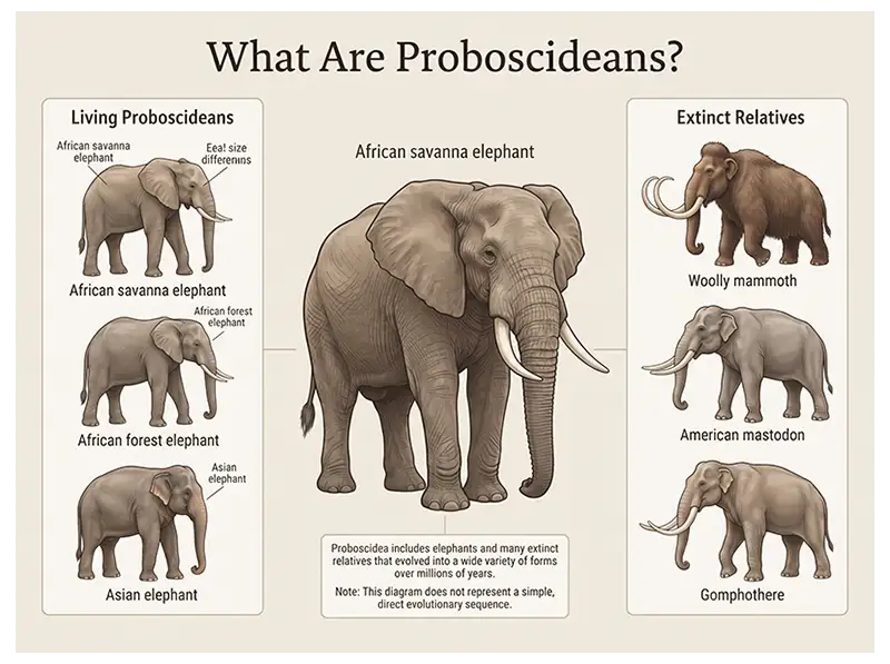 Illustration of proboscideans, including a mammoth, mastodon, and modern elephant.