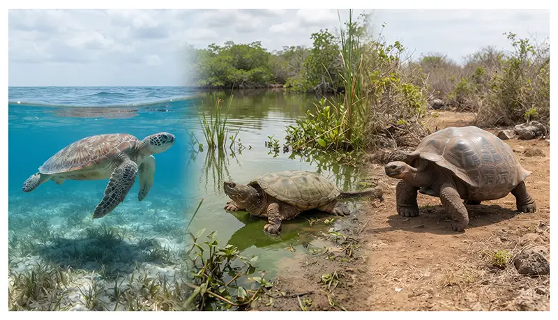 A sea turtle, freshwater turtle, and land tortoise illustrating the diversity of Testudines.