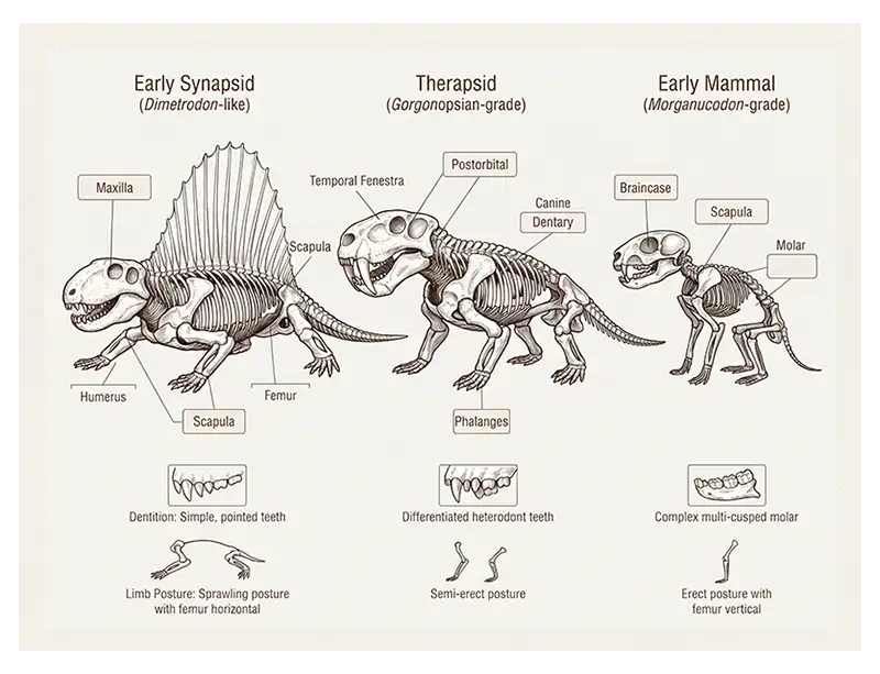 Comparative illustration showing synapsid skulls, teeth, limb posture, and anatomical changes along the mammalian lineage