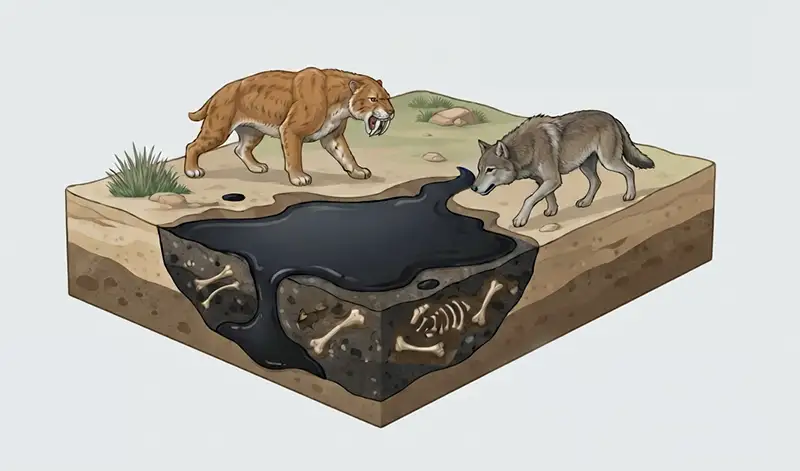 Infographic explaining the La Brea Tar Pits, showing natural asphalt seeps, Ice Age animals, and preserved fossils.