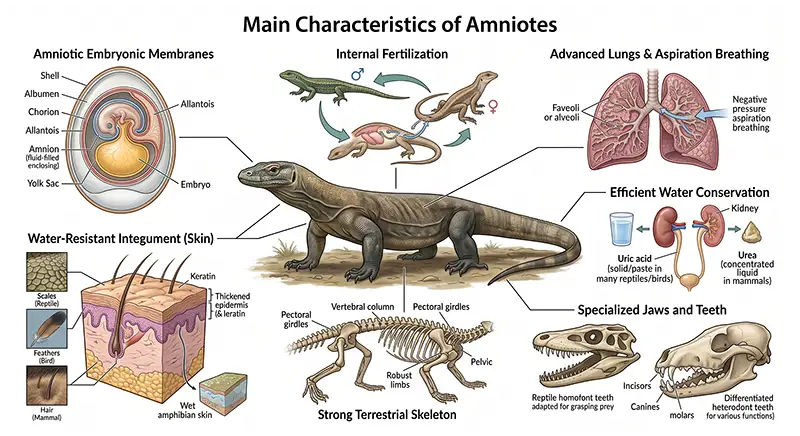 Amniote characteristics including embryonic membranes, lungs, protective skin, skeleton, and specialized body coverings