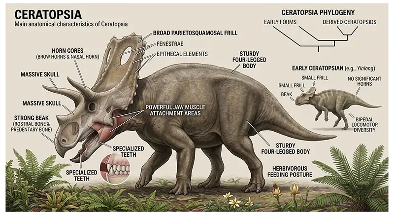 Ceratopsian anatomy showing a strong beak, jaws, teeth, skull, horns, frill, and sturdy limbs