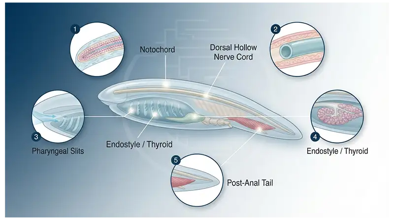 Chordate characteristics including the notochord, dorsal hollow nerve cord, pharyngeal slits, endostyle, and post-anal tail