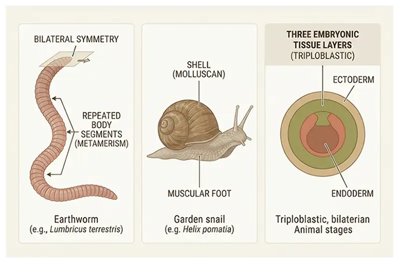 Biology infographic showing lophotrochozoan body structures, including earthworm segmentation, a snail shell, bilateral symmetry, and embryonic tissue layers.